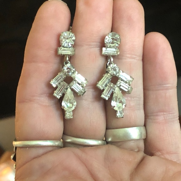 VTG 50s Clear Baguette Teardrop Scalloped Rhinestone Necklace Demi Parure w/Case - Picture 12 of 16